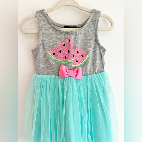 Lilt Gray and Mint Sleeveless Tutu Dress w/ Watermelon & Bow Design | Girls 2T - Picture 4 of 7